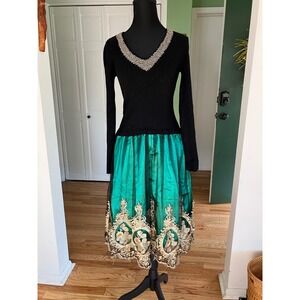 Vintage Danmunier Black Beaded Green Gold Jewel Trimmed Holiday Party Dress Sz 4